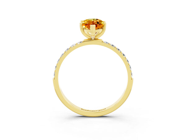 Yellow gold Marquise Cut Citrine Solitaire Ring with Round  Pavé Band and Prong Setting