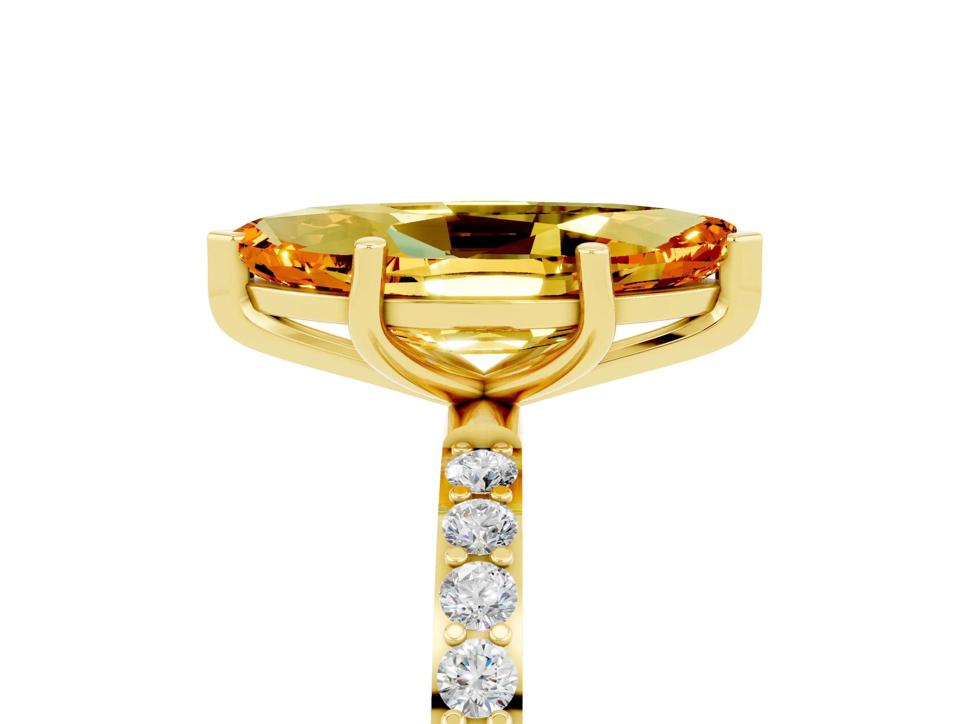 Yellow gold Marquise Cut Citrine Solitaire Ring with Pave Band and Four Prong Setting_29
