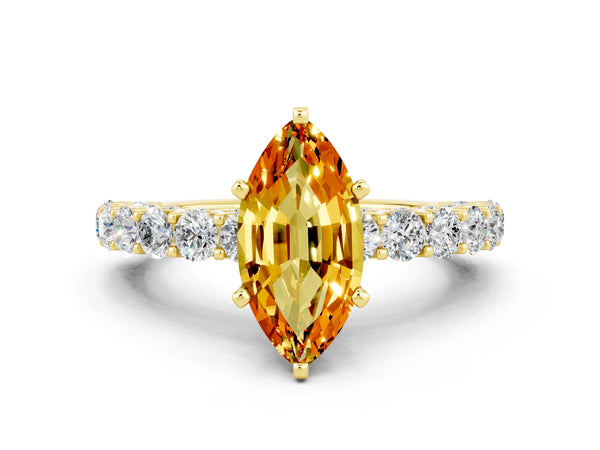 Yellow gold Marquise Cut Citrine Solitaire Ring with Shared Prong Pavé Band and Four-Prong Setting