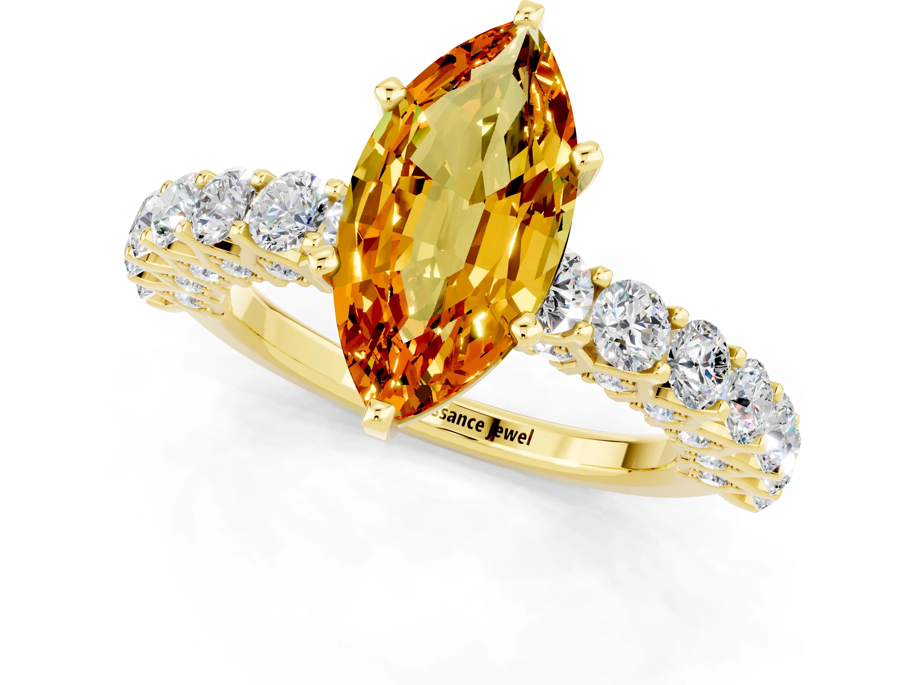 Yellow gold Marquise Cut Citrine Solitaire Ring with Shared Prong Pavé Band and Four-Prong Setting_1