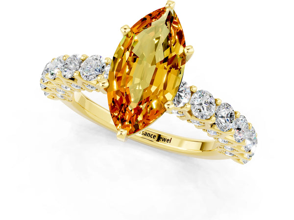 Yellow gold Marquise Cut Citrine Solitaire Ring with Shared Prong Pavé Band and Four-Prong Setting