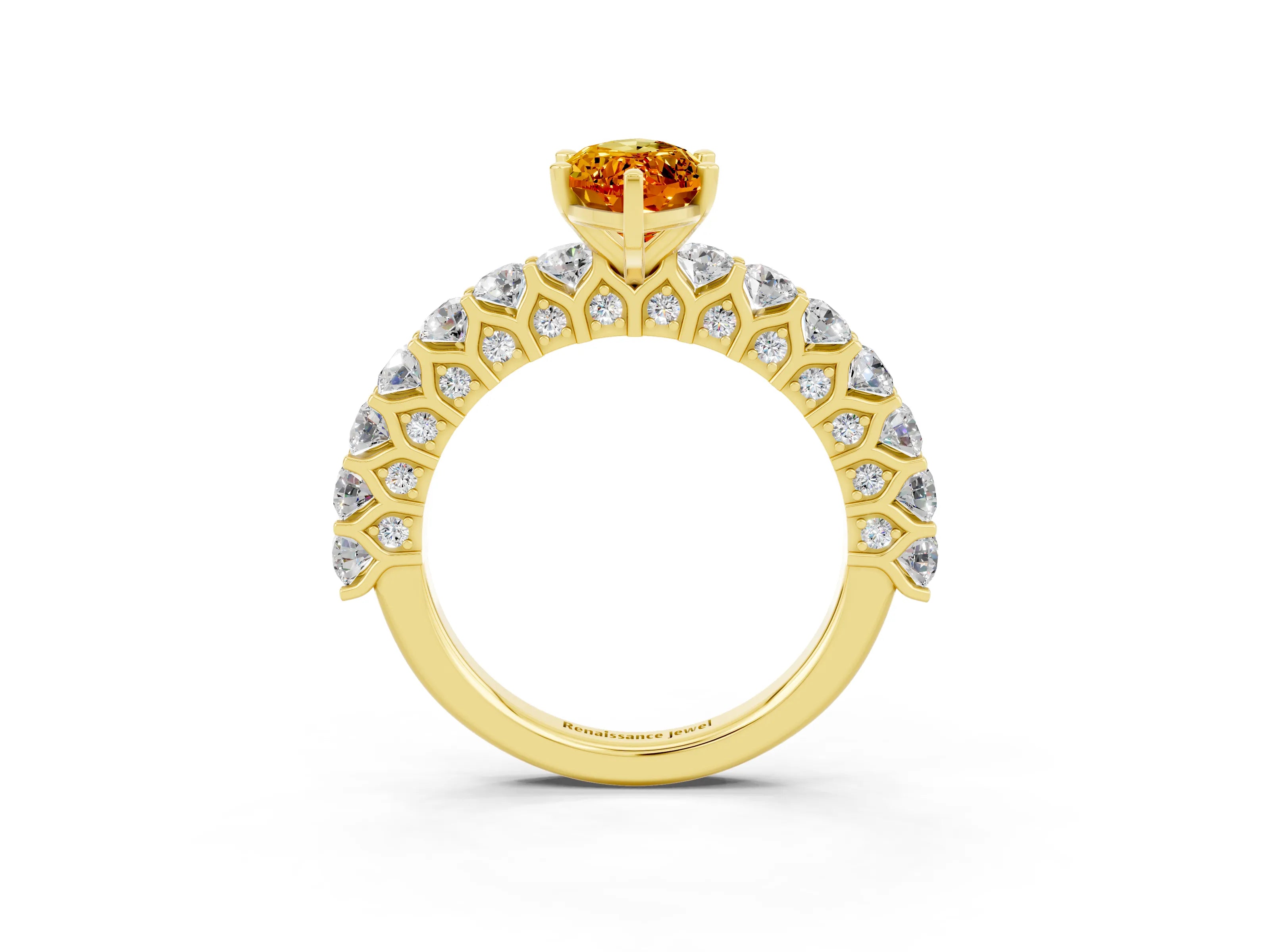 Yellow gold Marquise Cut Citrine Solitaire Ring with Shared Prong Pavé Band and Four-Prong Setting_3
