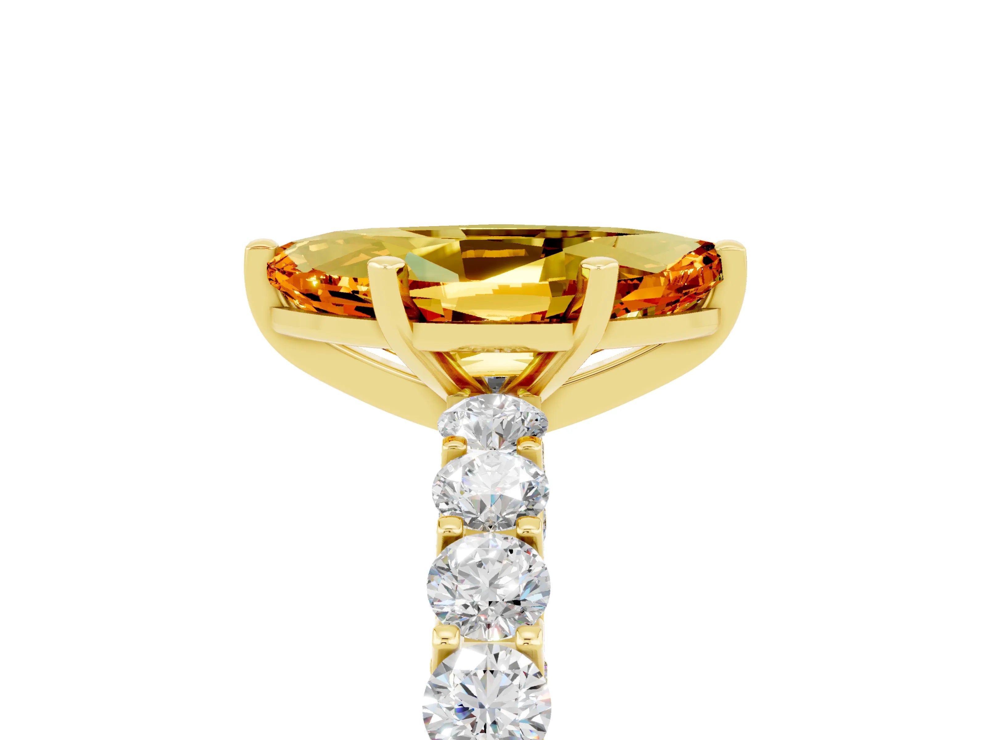 Yellow gold Marquise Cut Citrine Solitaire Ring with Shared Prong Pavé Band and Four-Prong Setting_5