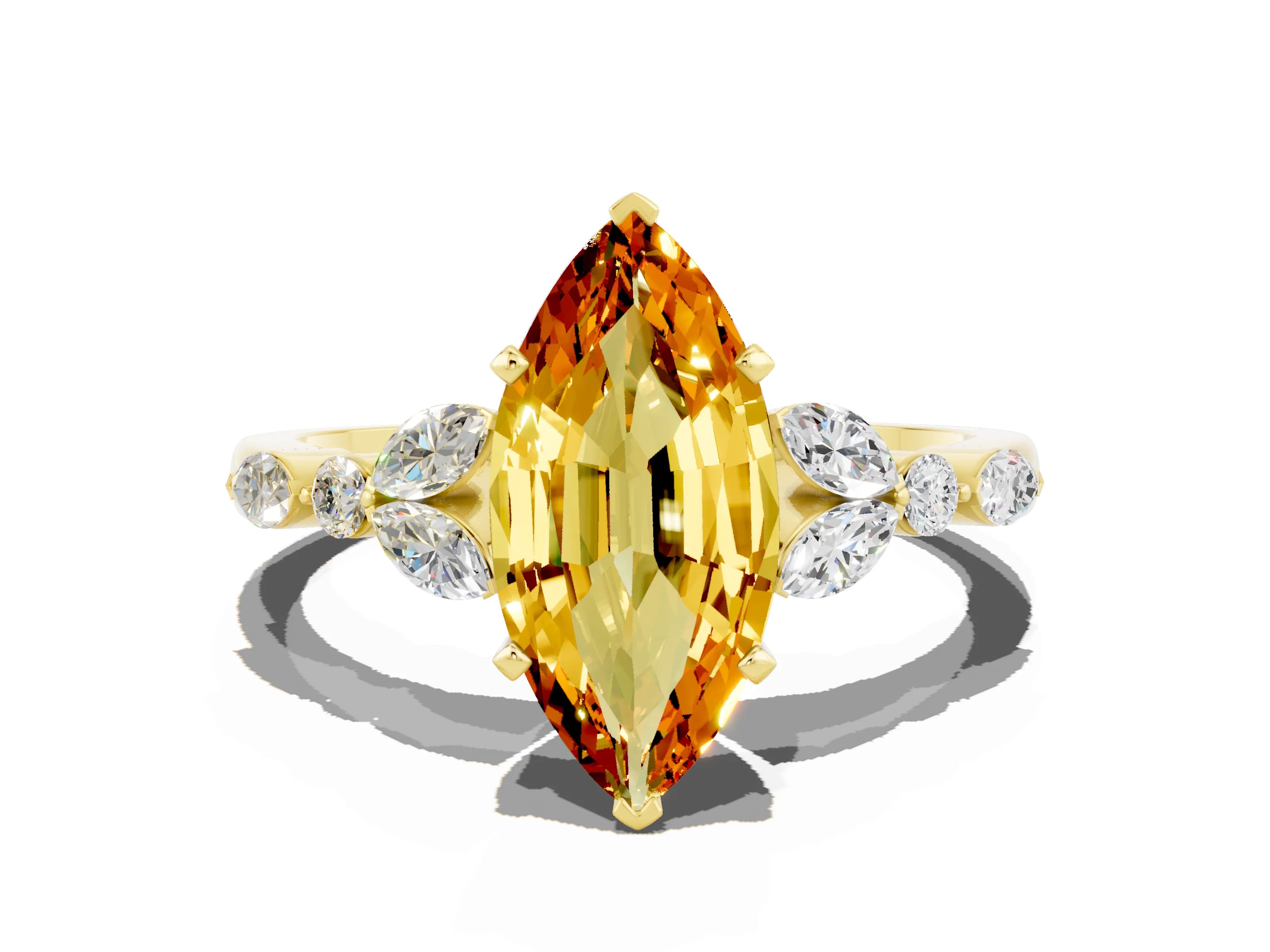 Yellow gold Marquise Cut Citrine Solitaire Ring with Side Stones and Four-Prong Setting_12