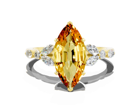 Yellow gold Marquise Cut Citrine Solitaire Ring with Side Stones and Four-Prong Setting_12