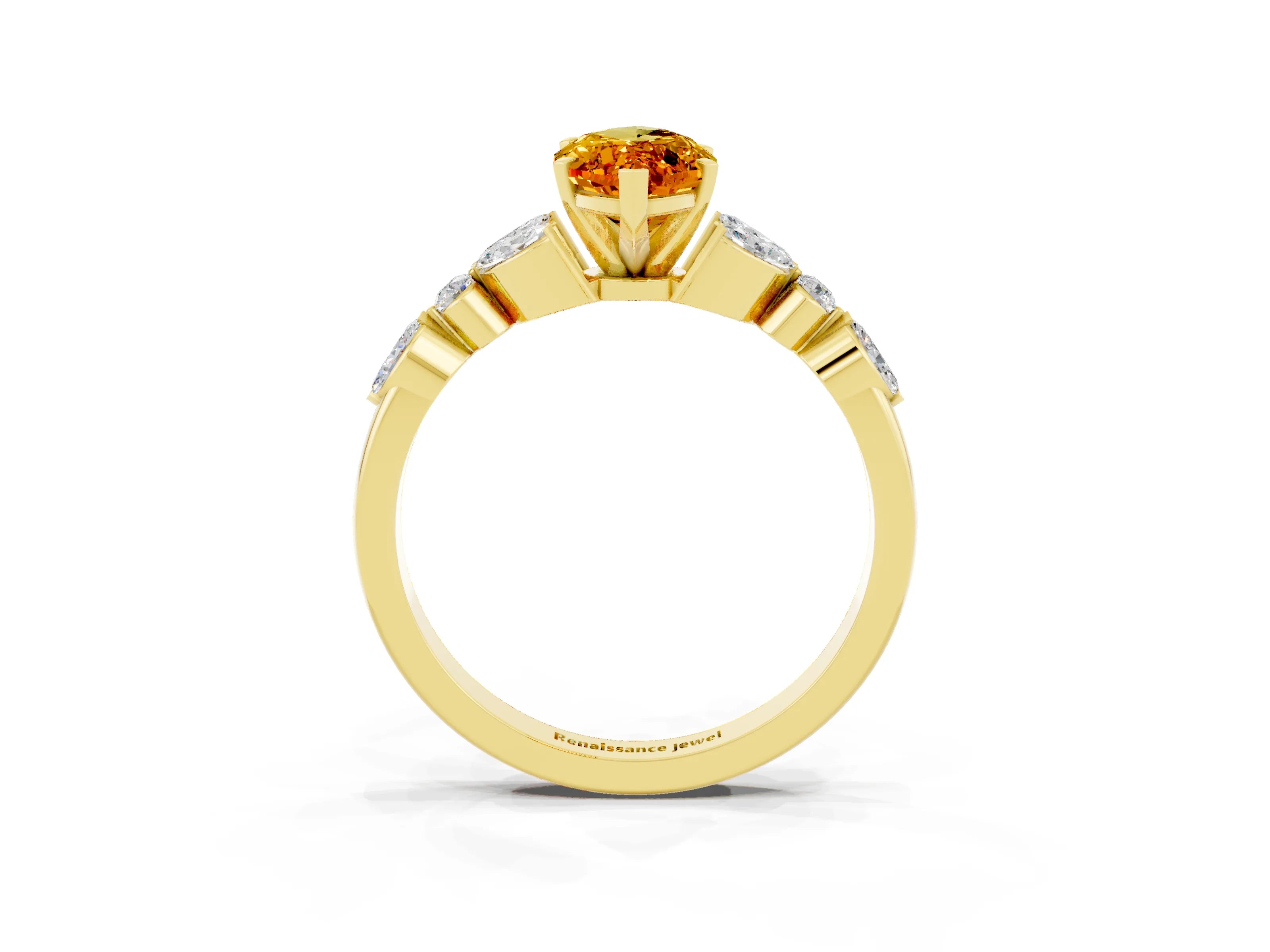 Yellow gold Marquise Cut Citrine Solitaire Ring with Side Stones and Four-Prong Setting_15