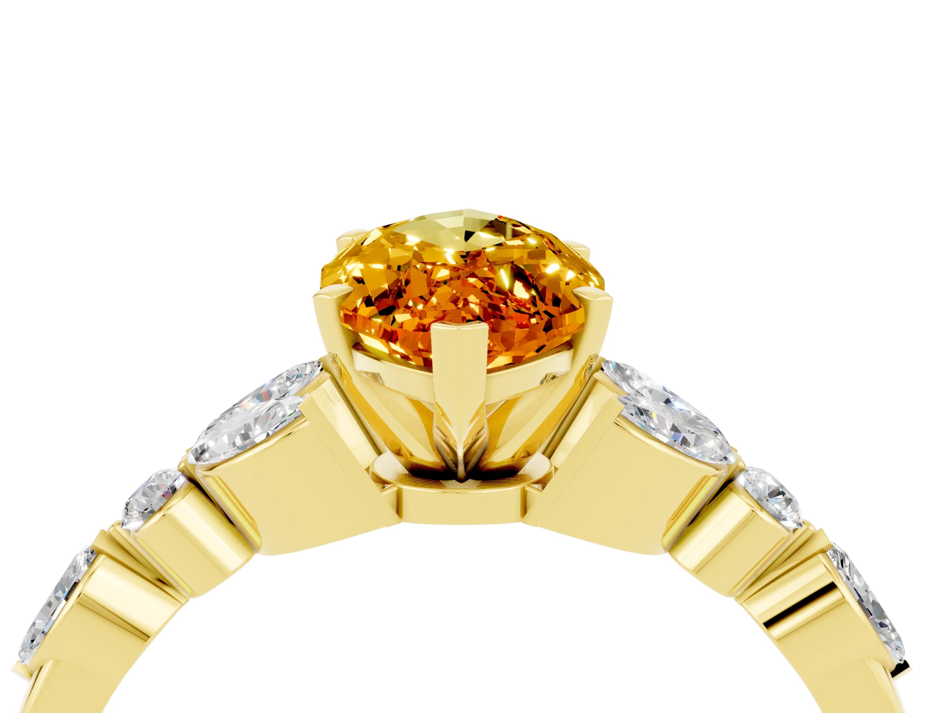 Yellow gold Marquise Cut Citrine Solitaire Ring with Side Stones and Four-Prong Setting_16