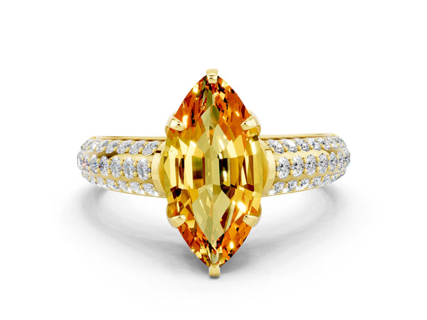 Yellow gold Marquise Cut Citrine Solitaire Ring with Three-Row Pavé Band and Four-Prong Setting