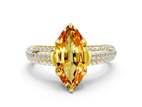 Yellow gold Marquise Cut Citrine Solitaire Ring with Three-Row Pavé Band and Four-Prong Setting_12