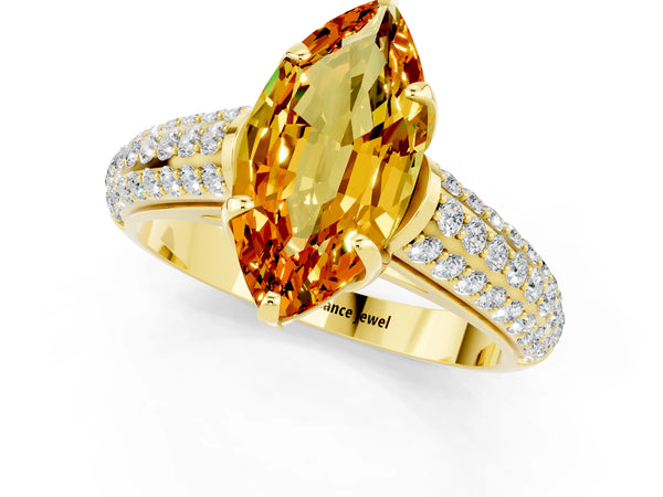 Yellow gold Marquise Cut Citrine Solitaire Ring with Three-Row Pavé Band and Four-Prong Setting