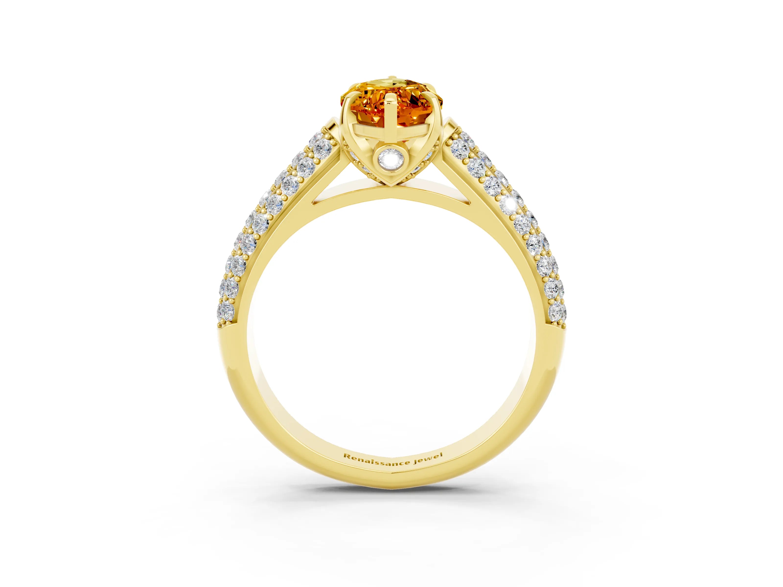 Yellow gold Marquise Cut Citrine Solitaire Ring with Three-Row Pavé Band and Four-Prong Setting_15