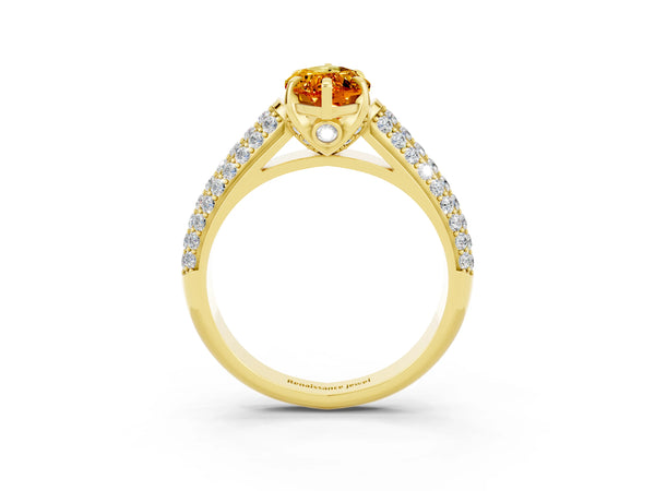 Yellow gold Marquise Cut Citrine Solitaire Ring with Three-Row Pavé Band and Four-Prong Setting