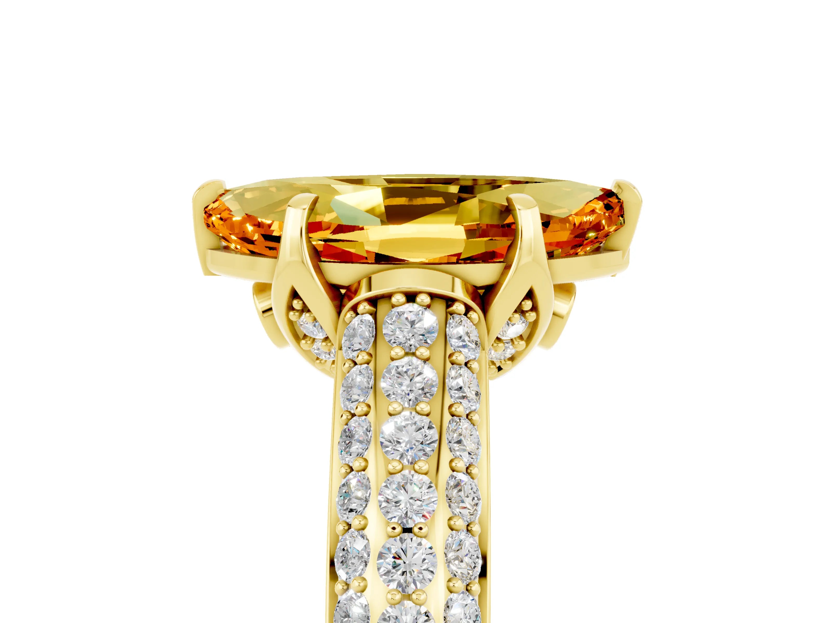 Yellow gold Marquise Cut Citrine Solitaire Ring with Three-Row Pavé Band and Four-Prong Setting_17
