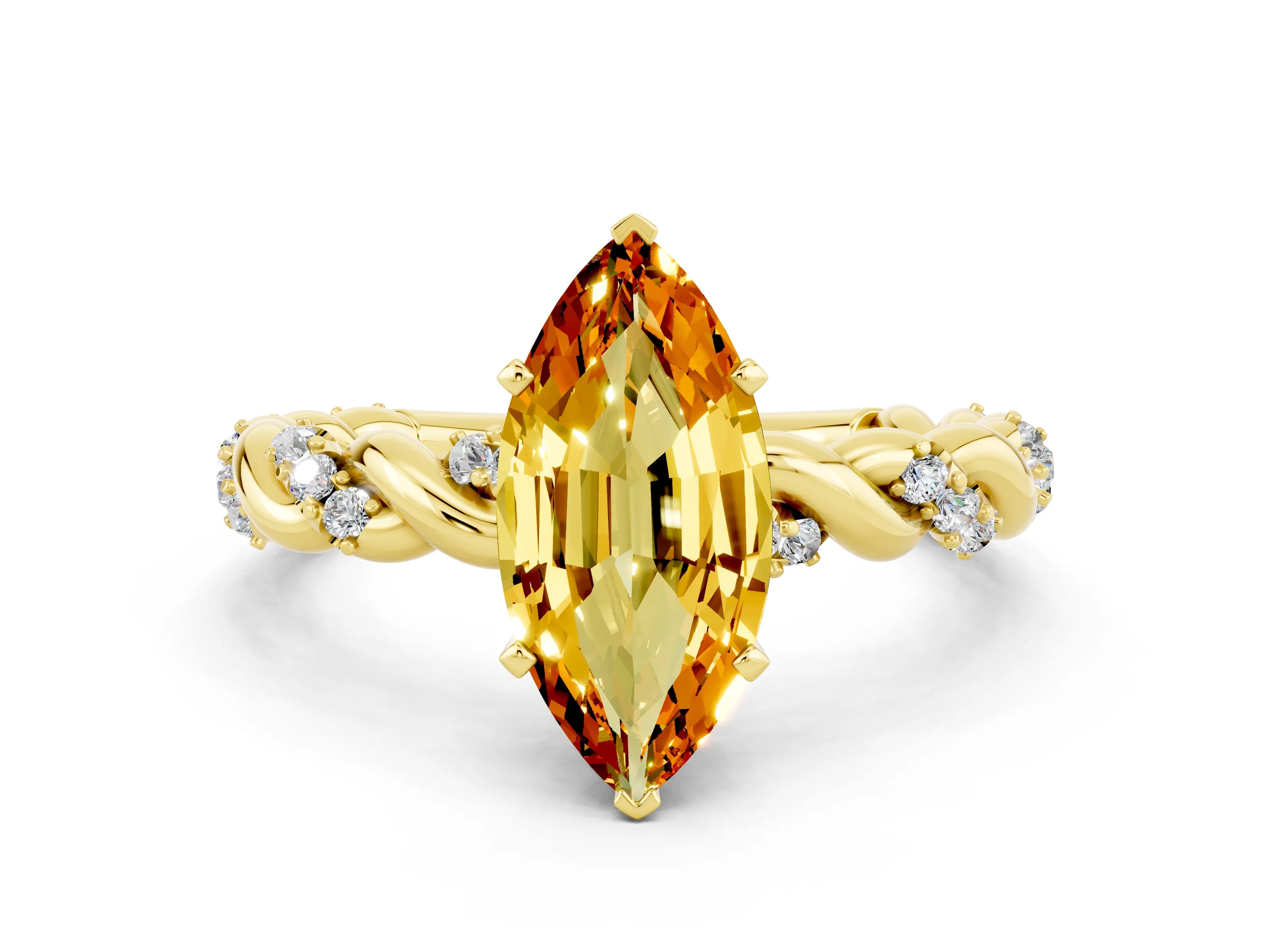 Yellow gold Marquise Cut Citrine Solitaire Ring with Twisted Band and Pavé Accents