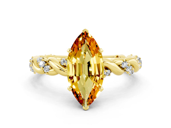 Yellow gold Marquise Cut Citrine Solitaire Ring with Twisted Band and Pavé Accents