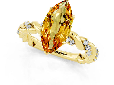 Yellow gold Marquise Cut Citrine Solitaire Ring with Twisted Band and Pavé Accents_1