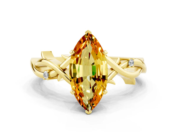 Yellow gold Marquise Cut Citrine Solitaire Ring with Twisted Band and Prong Setting
