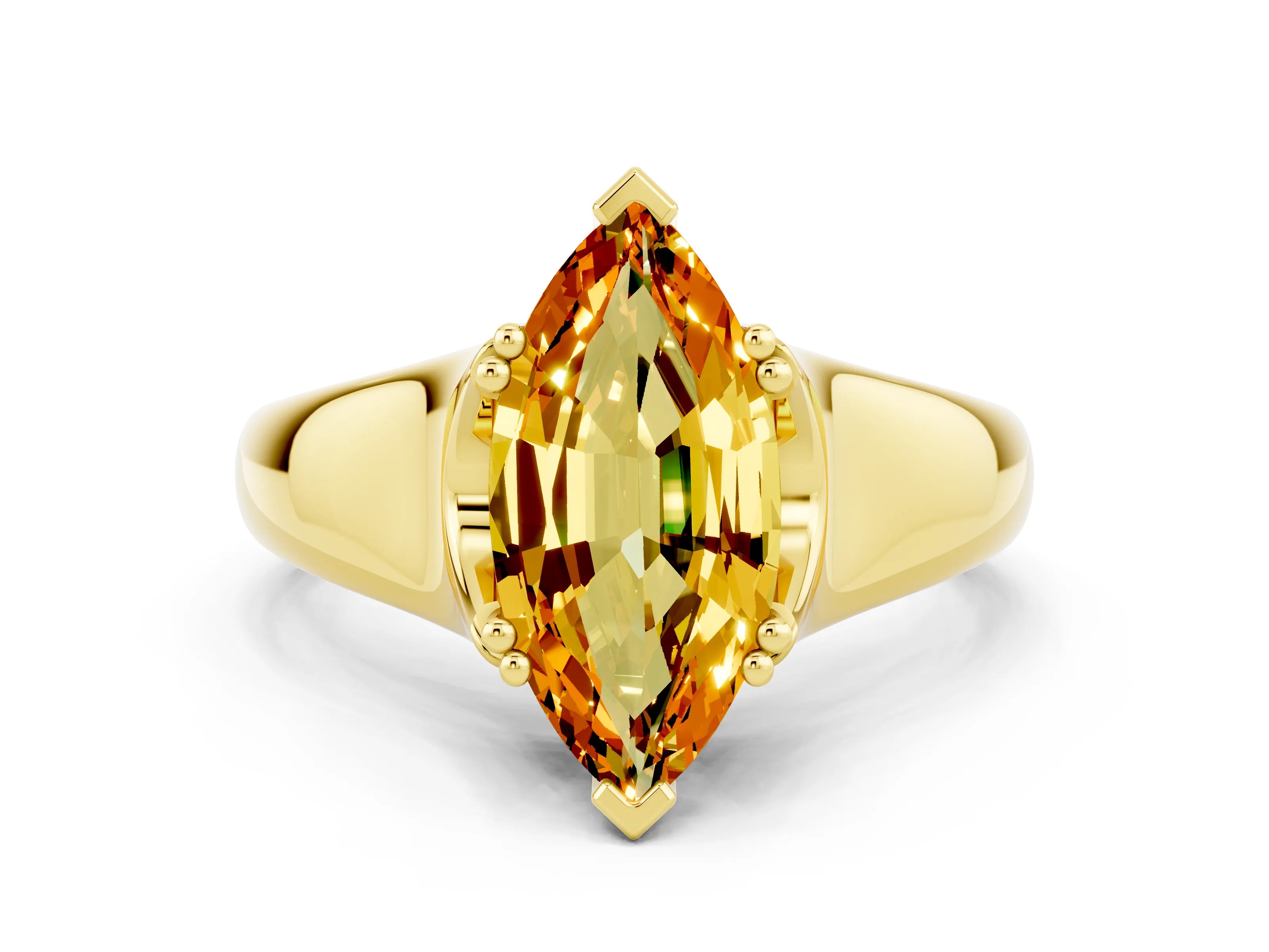 Yellow gold Marquise Cut Citrine Solitaire Ring with Wide Band and Prong Setting