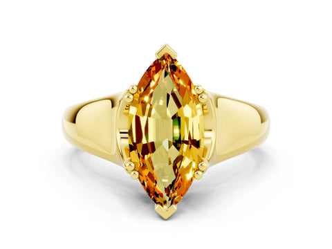Yellow gold Marquise Cut Citrine Solitaire Ring with Wide Band and Prong Setting