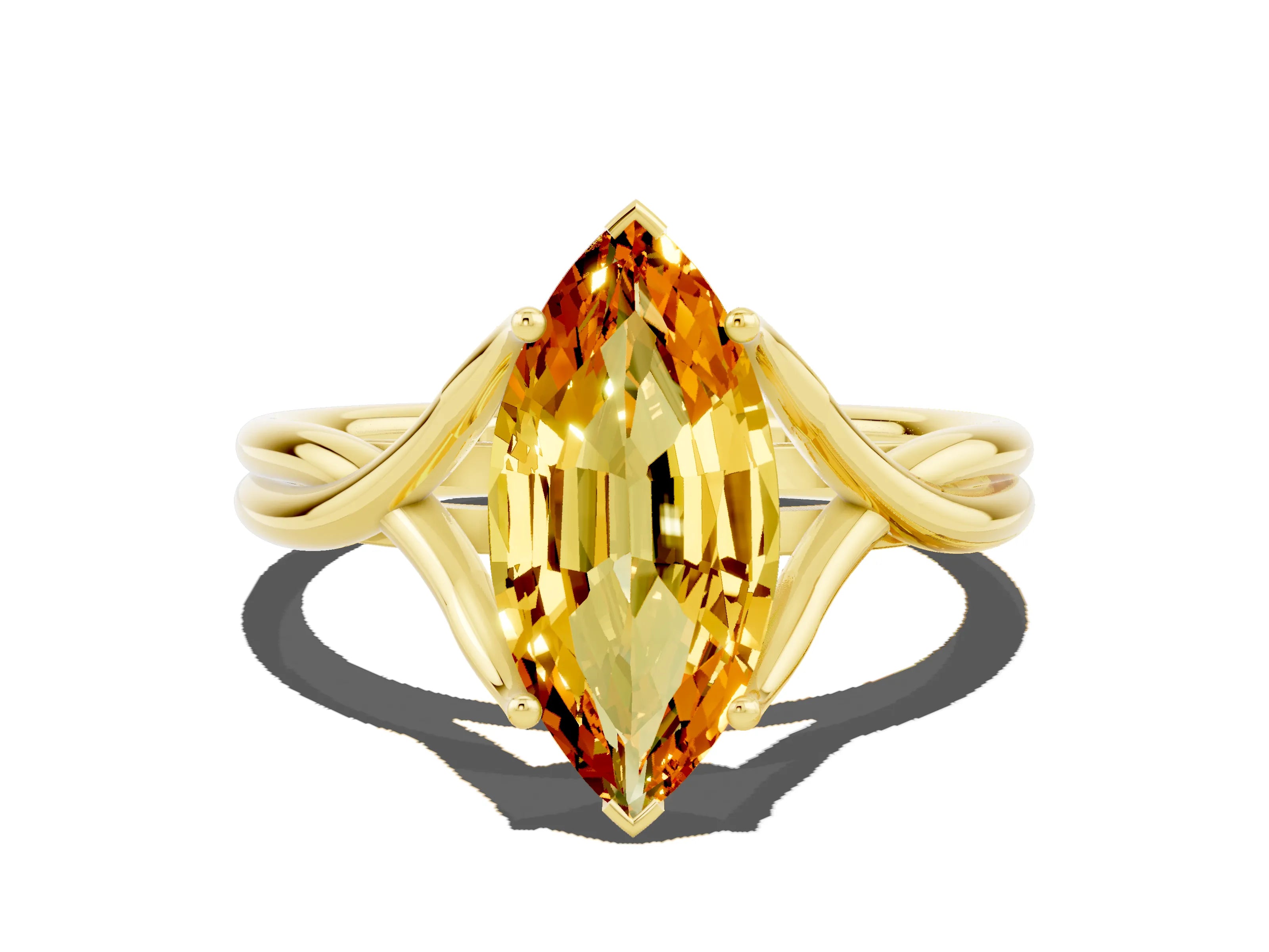 Yellow gold Marquise Cut Citrine Solitaire Twist Band Prong Setting Ring_36