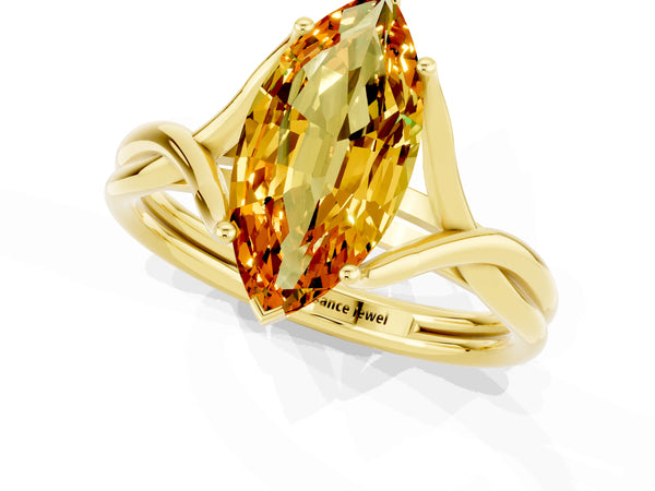 Yellow gold Marquise Cut Citrine Solitaire Twist Band Prong Setting Ring