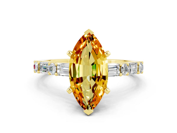 Yellow gold Marquise Cut Citrine Solitaire with Side Baguettes and Channel Set Band