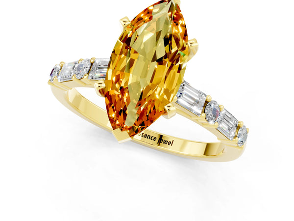 Yellow gold Marquise Cut Citrine Solitaire with Side Baguettes and Channel Set Band