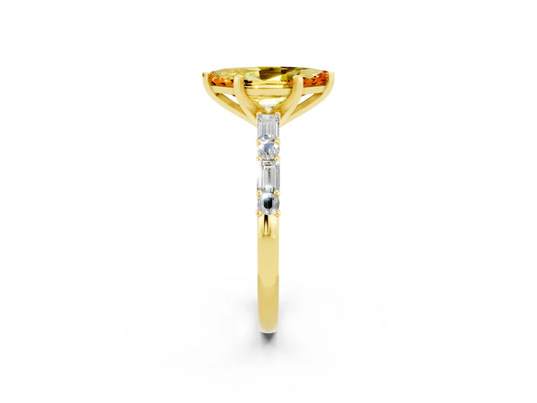 Yellow gold Marquise Cut Citrine Solitaire with Side Baguettes and Channel Set Band