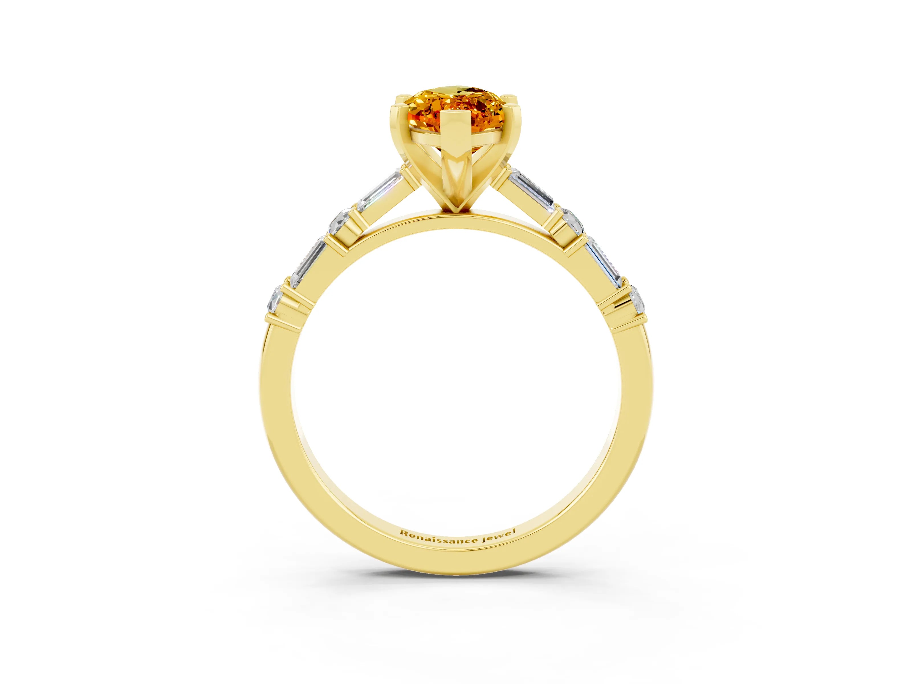 Yellow gold Marquise Cut Citrine Solitaire with Side Baguettes and Channel Set Band_3