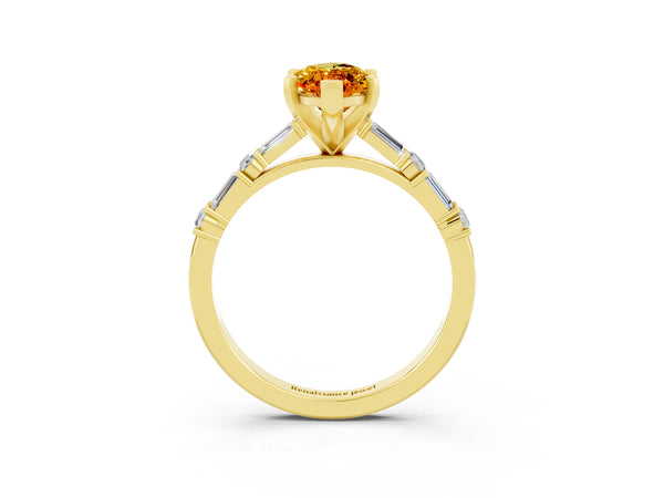 Yellow gold Marquise Cut Citrine Solitaire with Side Baguettes and Channel Set Band