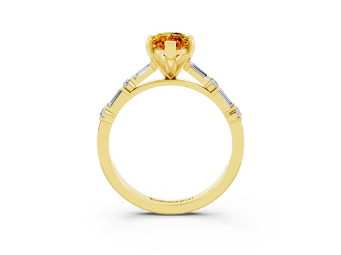Yellow gold Marquise Cut Citrine Solitaire with Side Baguettes and Channel Set Band_3