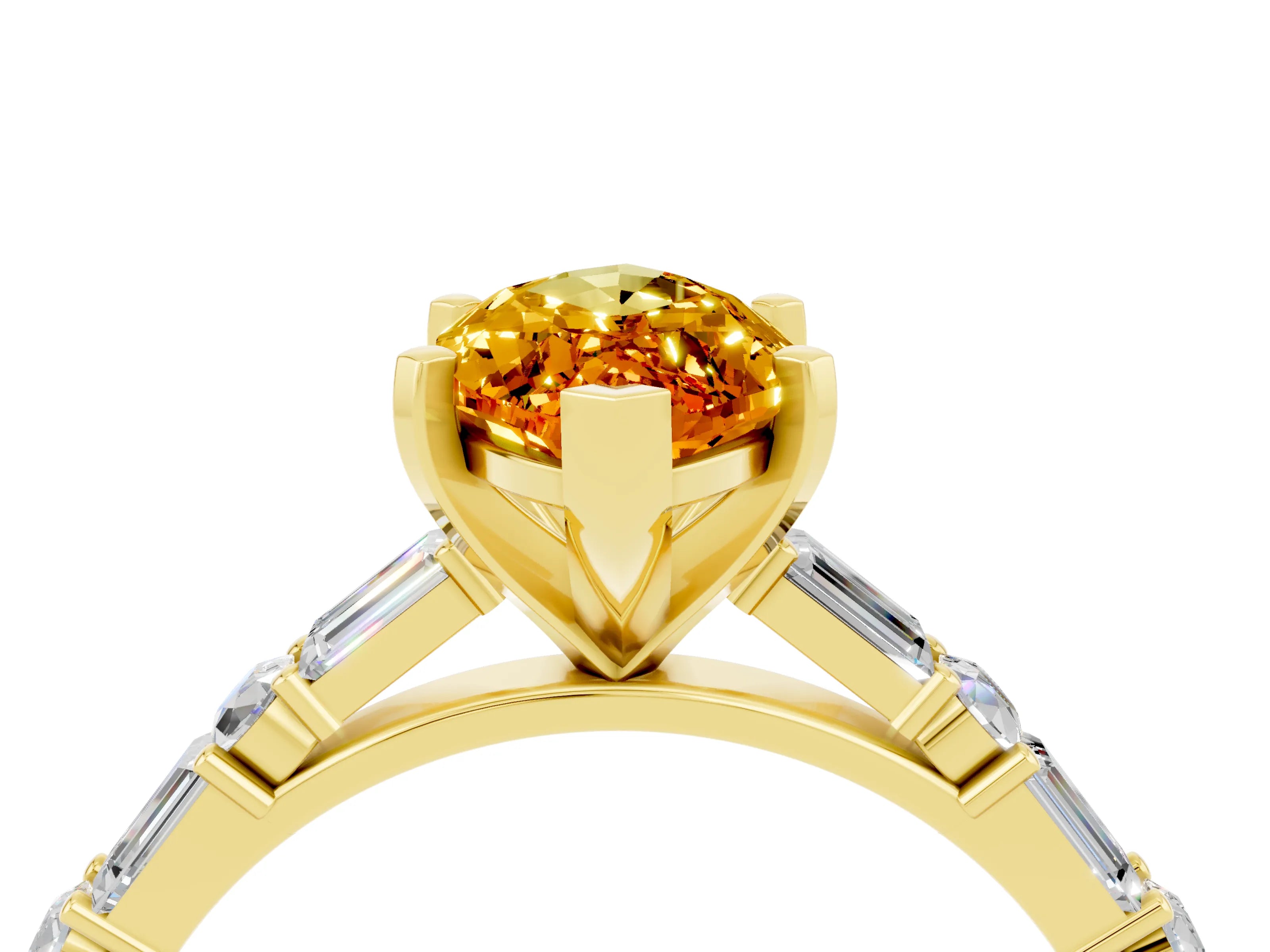 Yellow gold Marquise Cut Citrine Solitaire with Side Baguettes and Channel Set Band_4