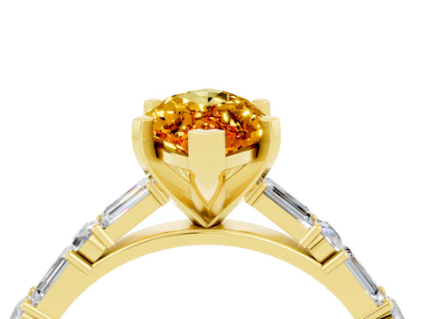 Yellow gold Marquise Cut Citrine Solitaire with Side Baguettes and Channel Set Band_4