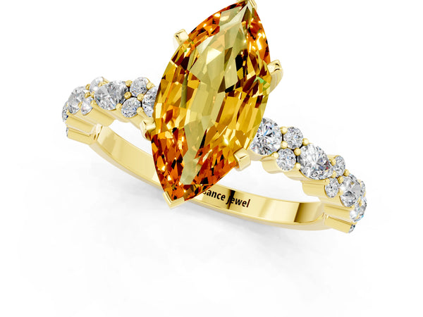 Yellow gold Marquise Cut Citrine Side Stone Solitaire Ring with Round  and Four-Prong Setting