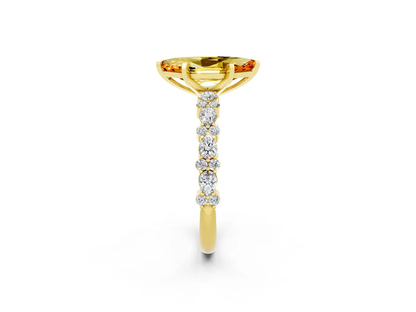 Yellow gold Marquise Cut Citrine Side Stone Solitaire Ring with Round  and Four-Prong Setting