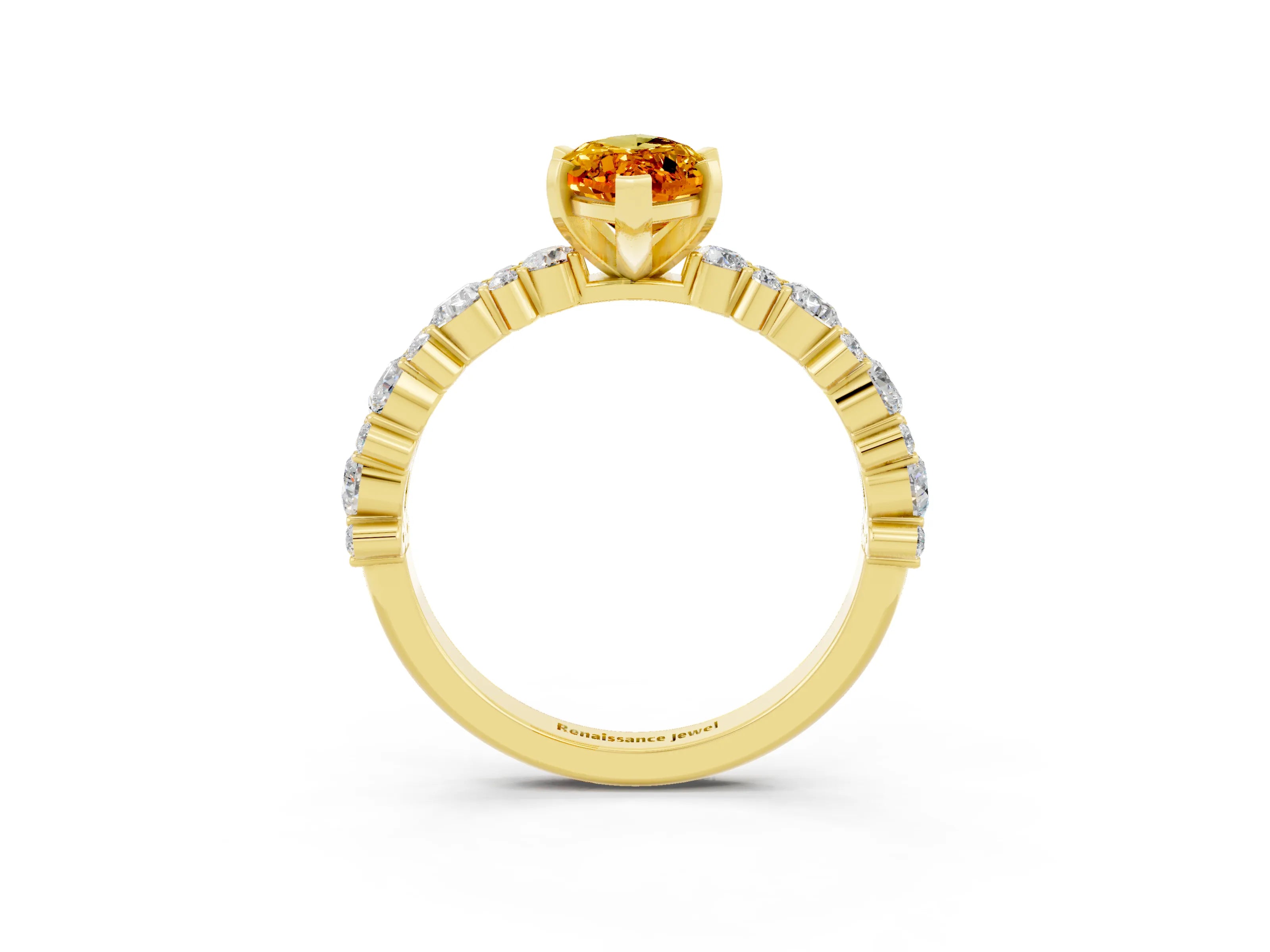 Yellow gold Marquise Cut Citrine Solitaire with Side Stones, Pave Band, Four-Prong Setting_27