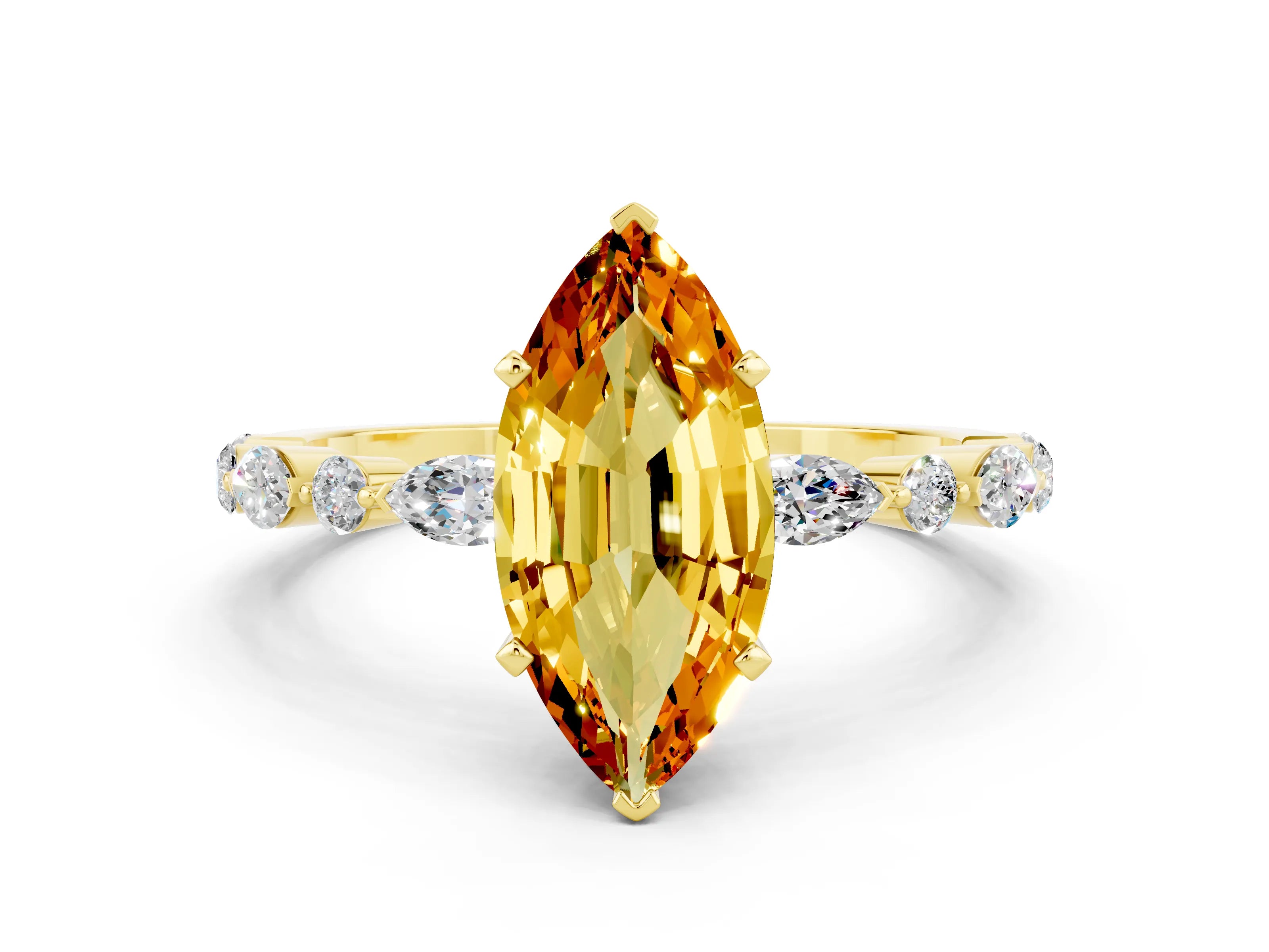 Yellow gold Marquise Cut Citrine Solitaire with Side Stones on a Pavé Band and Four-Prong Setting