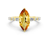Yellow gold Marquise Cut Citrine Solitaire with Side Stones on a Pavé Band and Four-Prong Setting
