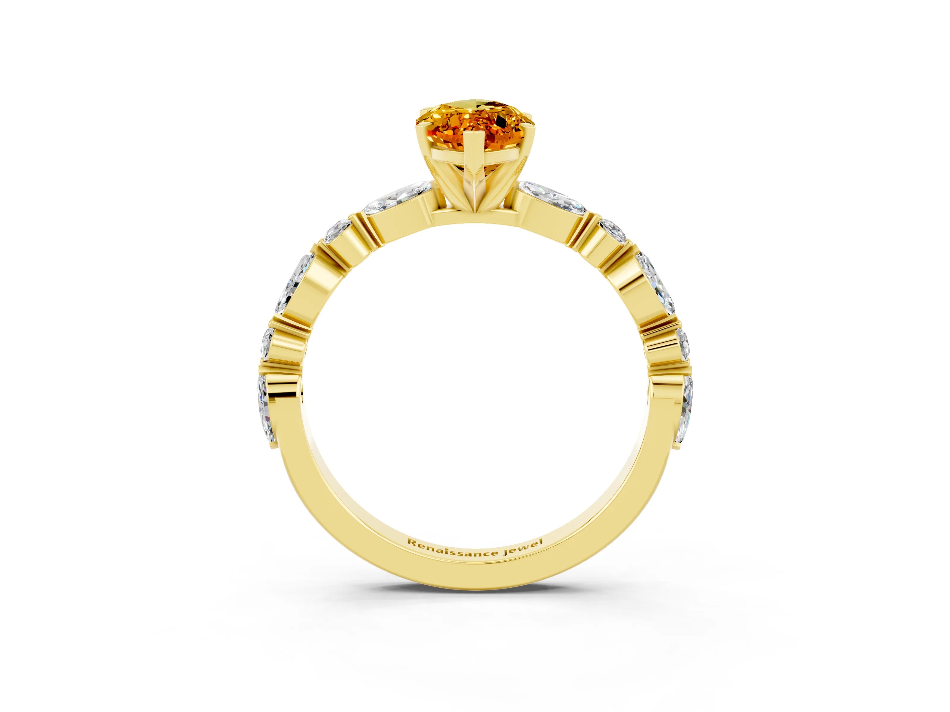 Yellow gold Marquise Cut Citrine Solitaire with Side Stones on a Pavé Band and Four-Prong Setting_3