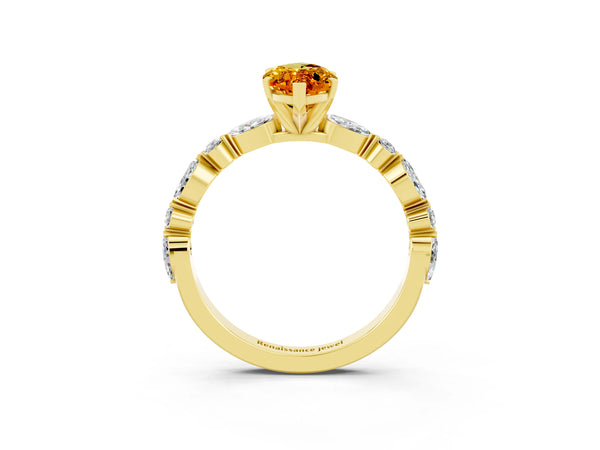Yellow gold Marquise Cut Citrine Ring with Marquise and Round  Side Stones and Four-Prong Setting