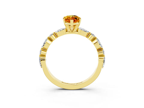 Yellow gold Marquise Cut Citrine Solitaire with Side Stones on a Pavé Band and Four-Prong Setting_3