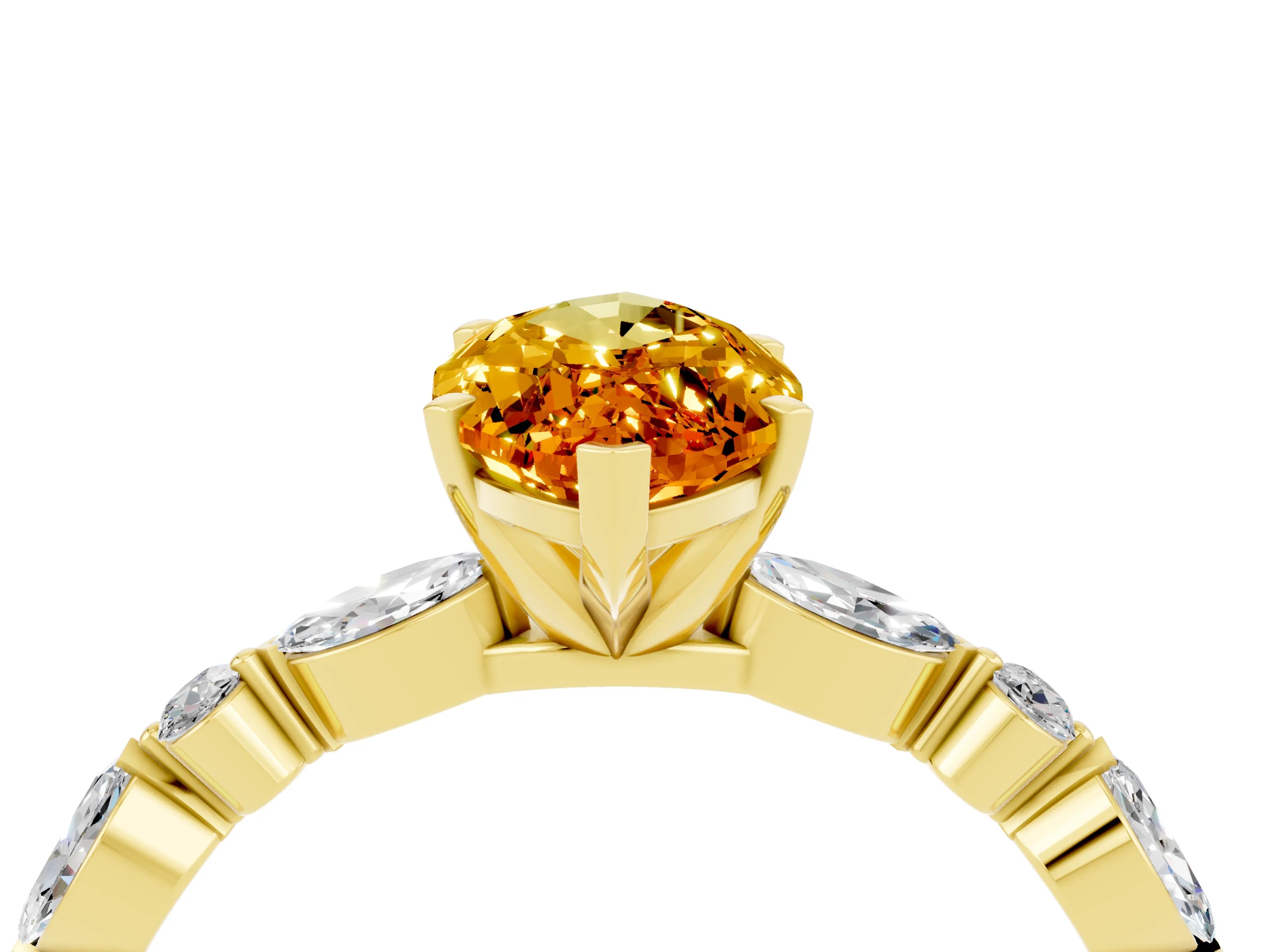 Yellow gold Marquise Cut Citrine Solitaire with Side Stones on a Pavé Band and Four-Prong Setting_4