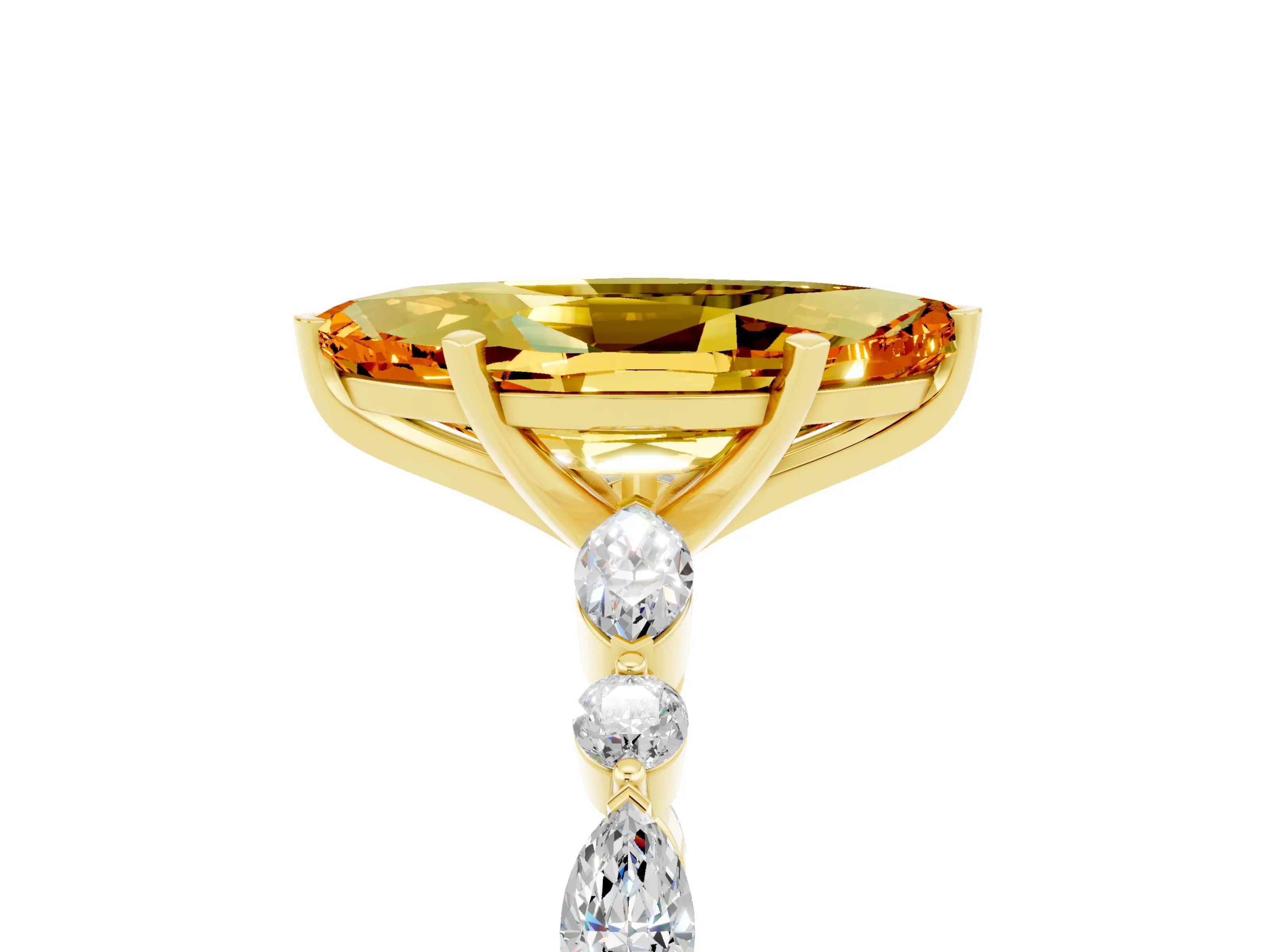 Yellow gold Marquise Cut Citrine Solitaire with Side Stones on a Pavé Band and Four-Prong Setting_5