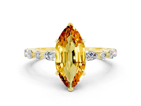 Yellow gold Marquise Cut Citrine Solitaire with Side Stones on a Pavé Band and Four-Prong Setting