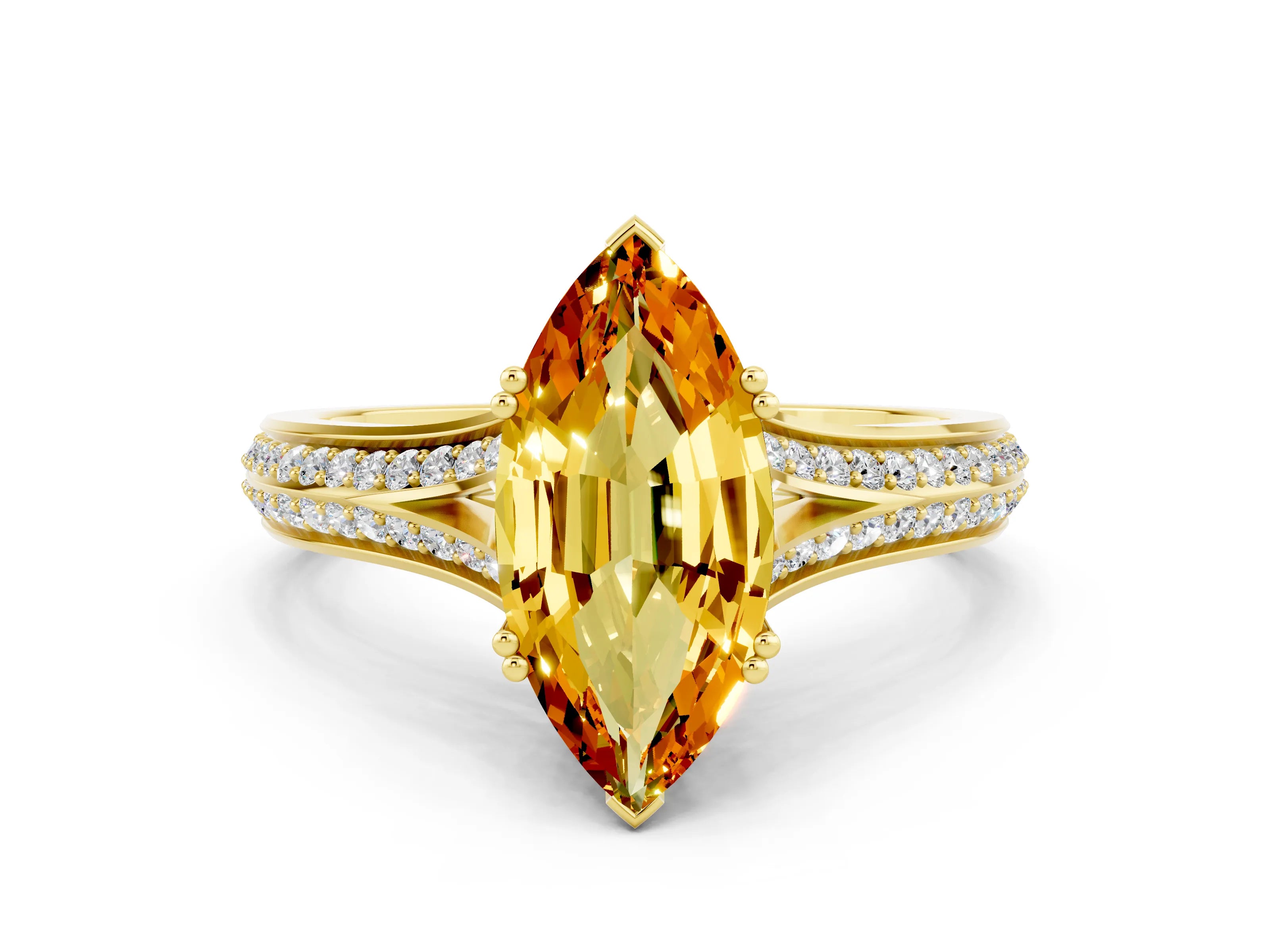 Yellow gold Marquise Cut Citrine Split Shank Engagement Ring with Pavé Band