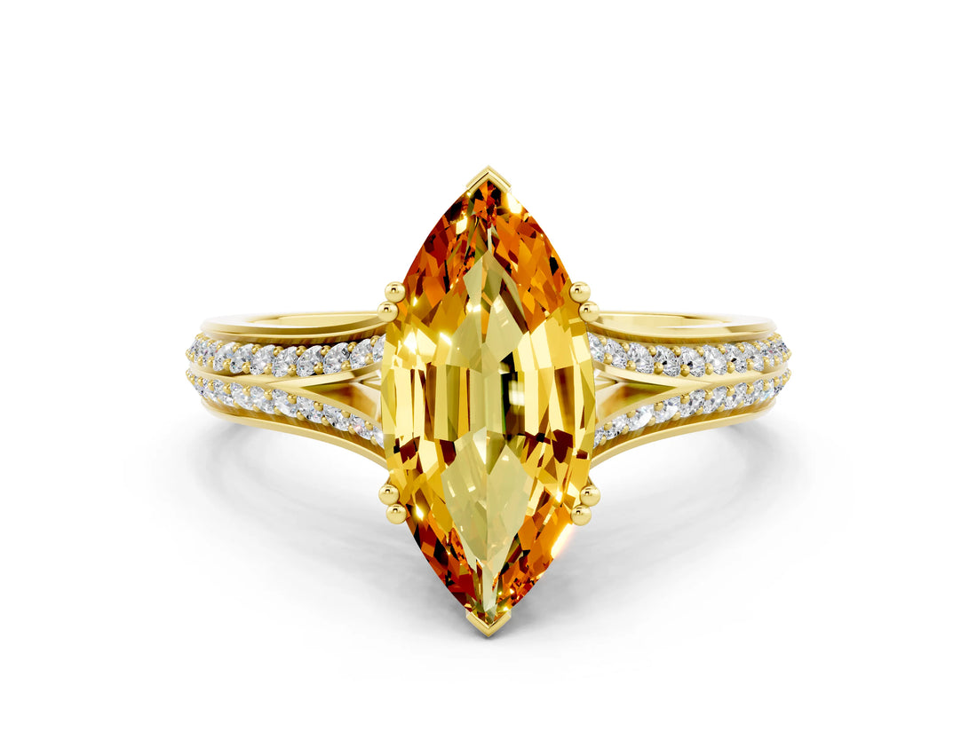 Yellow gold Marquise Cut Citrine Split Shank Engagement Ring with Pavé Band
