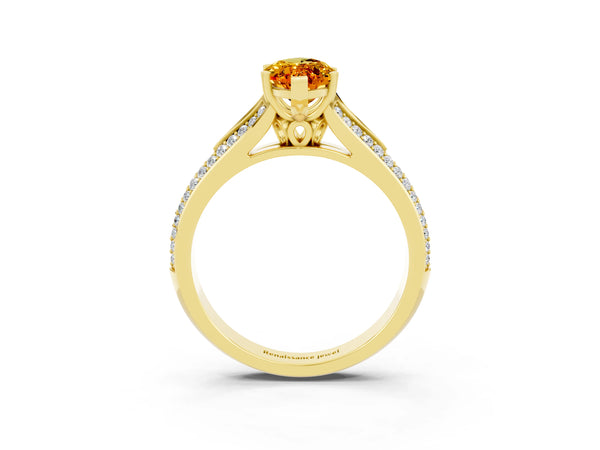 Yellow gold Marquise Cut Citrine Split Shank Engagement Ring with Pavé Band