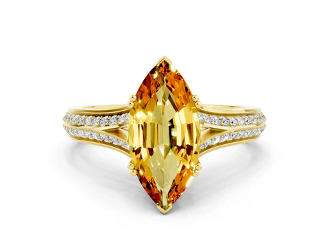 Yellow gold Marquise Cut Citrine Split Shank Engagement Ring with Pavé Band