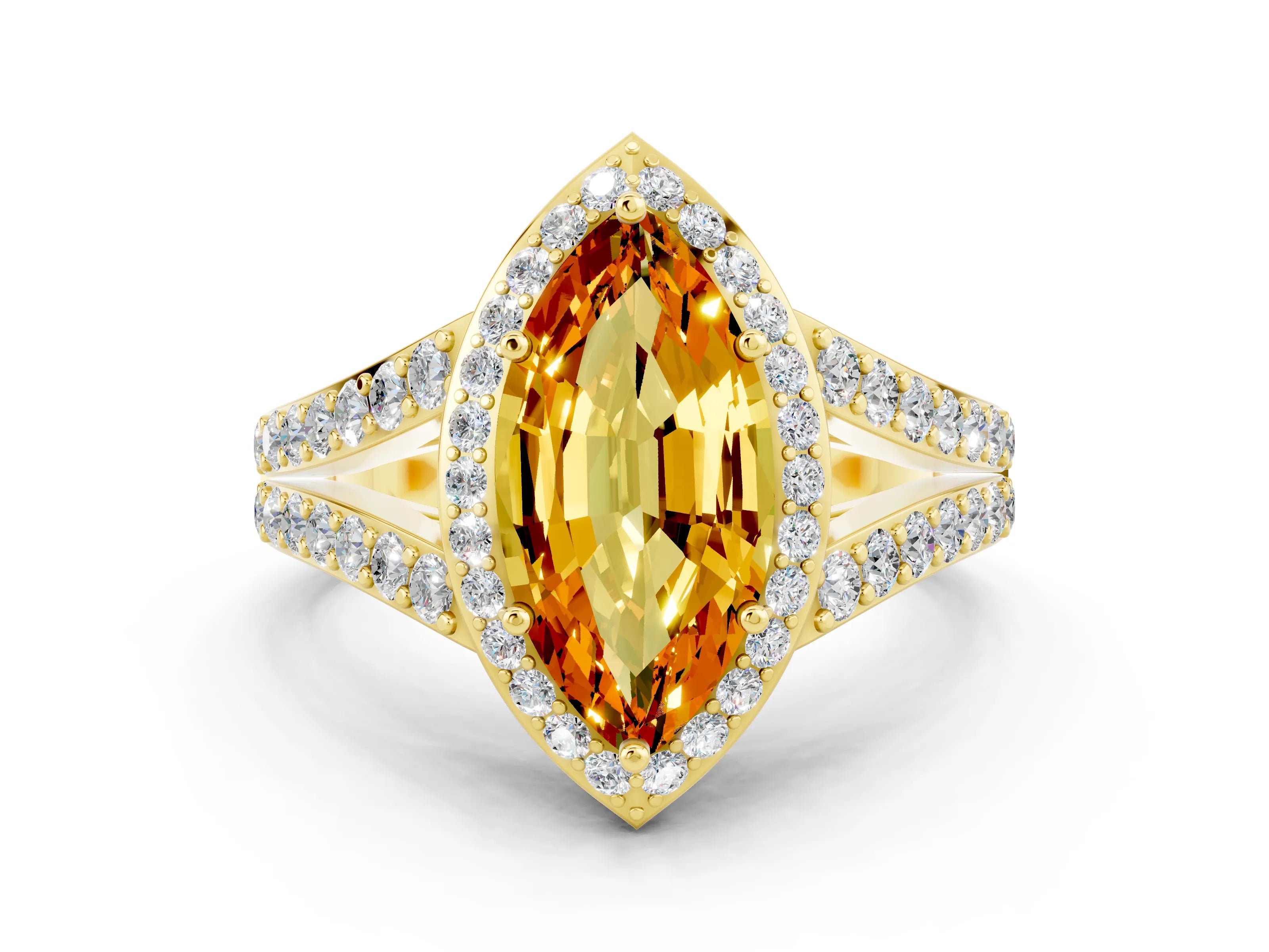 Yellow gold Marquise Cut Citrine Split Shank Halo Ring with Four-Prong Setting_12