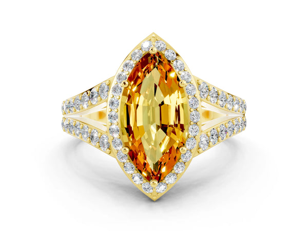 Yellow gold Marquise Cut Citrine Split Shank Halo Ring with Four-Prong Setting